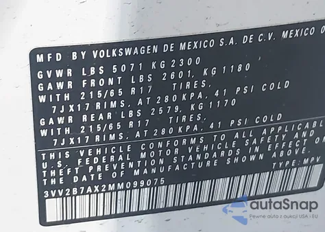 2021 Volkswagen Tiguan 2.0T Se/2.0T Se R-Line Black/2.0T Sel из США, поврежденный, VIN 3VV2B7AX2MM099075